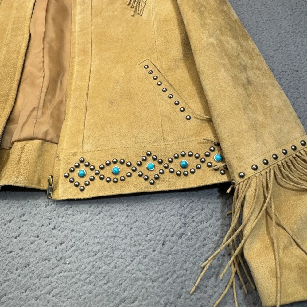 Scully Leather Fringe Jacket Womens XL Tan Suede Studded Turquoise Western Boho